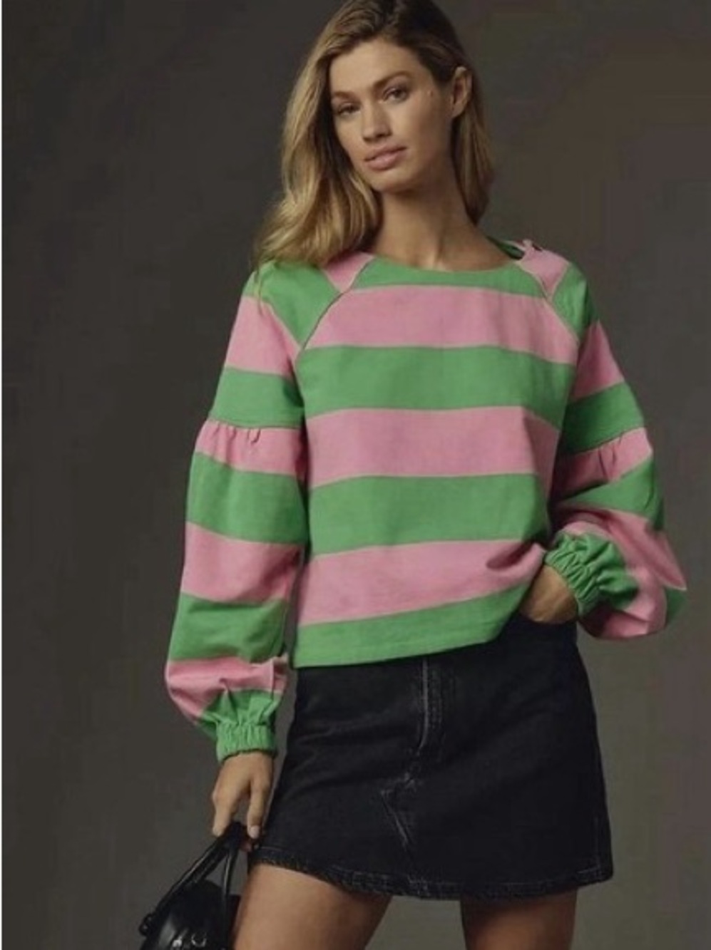 Anthropology X-small Striped Balloon Sleeve French Terry Top in Pink & Green